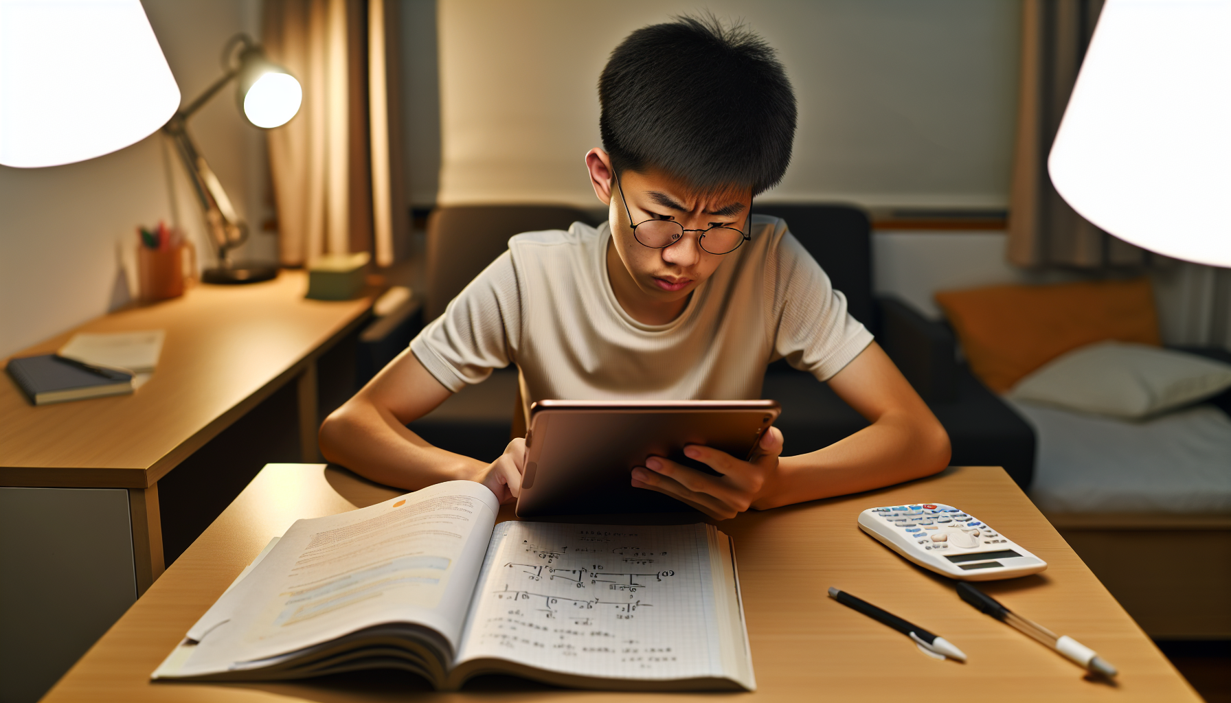 Photo of a student using a tablet to access Omni Math AI Solver for homework help