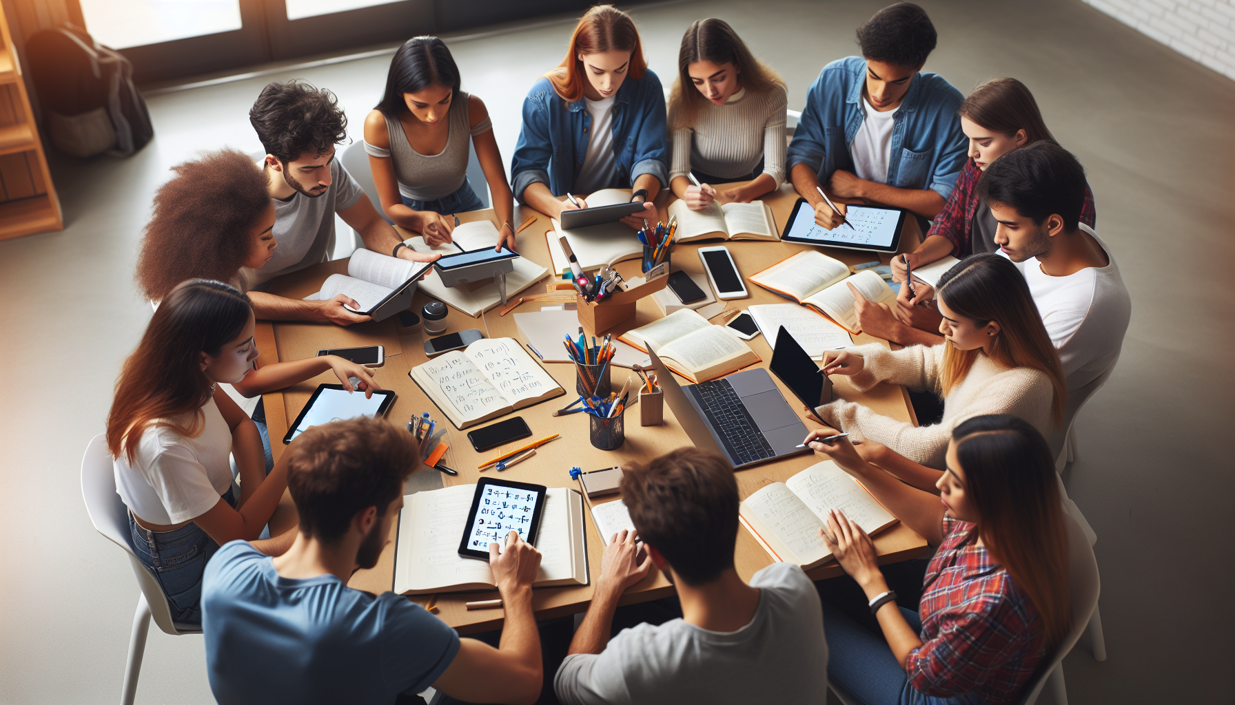 Illustration of a diverse group of students studying together with the help of AI math solvers