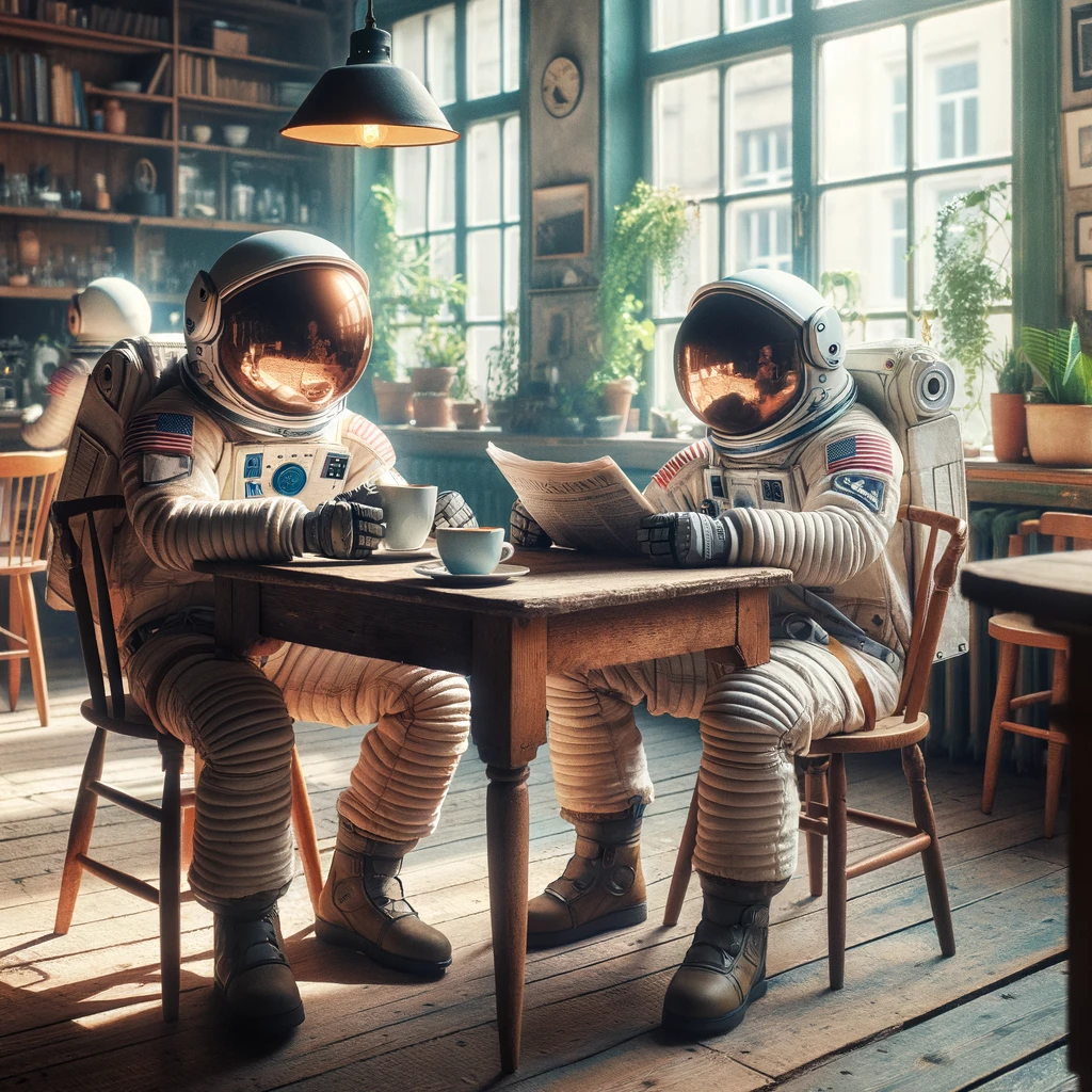 ai generated thumbnail of two astronauts sitting in a coffee shop