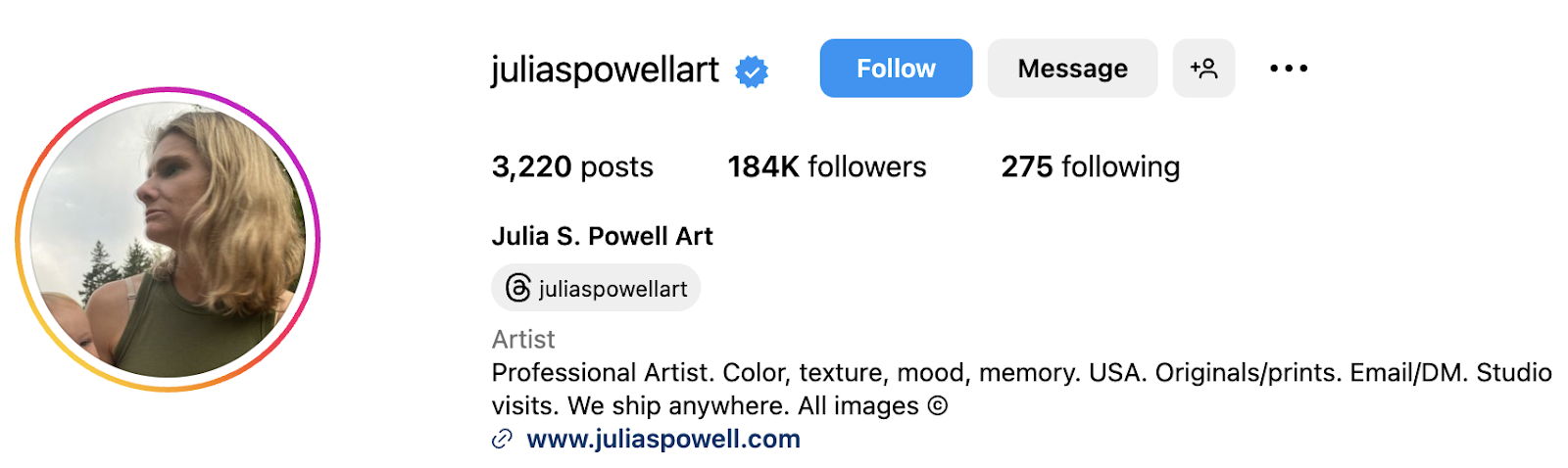 screenshot of the profile of julia powell, a famous artist on instagram